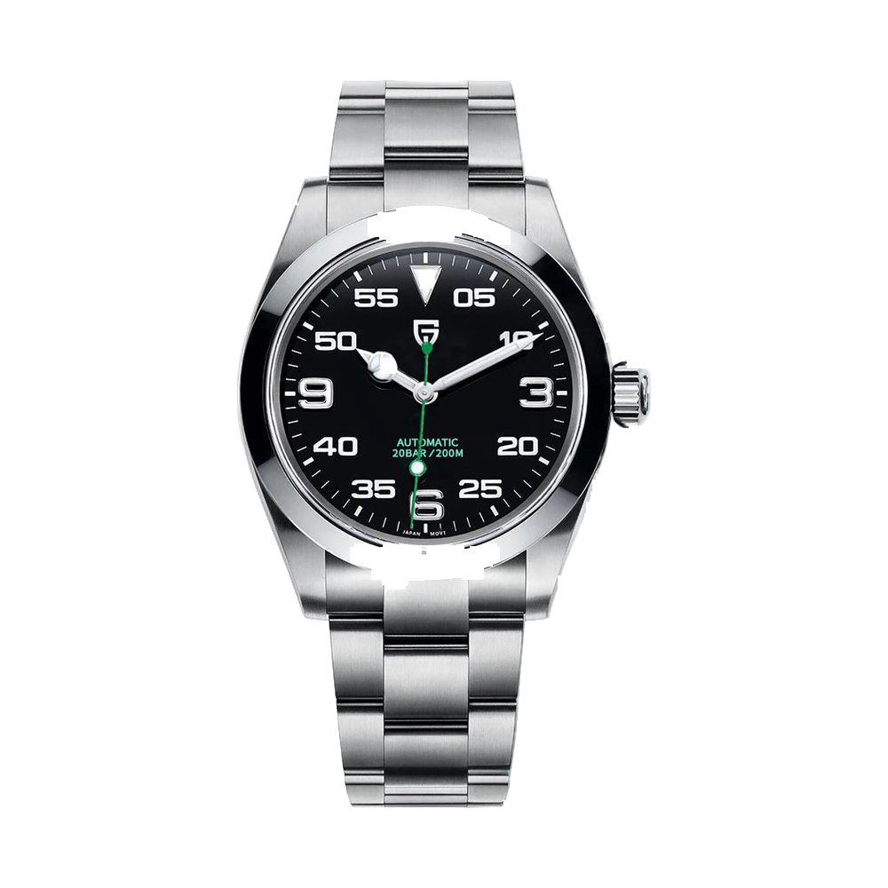 Mechanical diver watch, black dial and bezel, steel bracelet — RoyElite