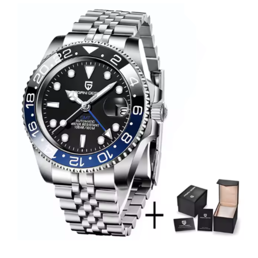 GMT automatic watch, black and blue bezel, jubilee steel bracelet — RoyElite