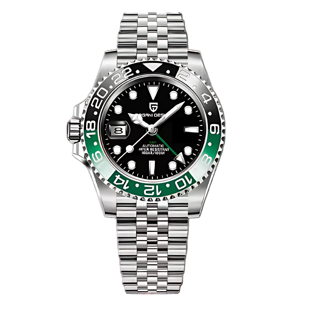GMT automatic watch, black and green bezel, jubilee steel bracelet — RoyElite