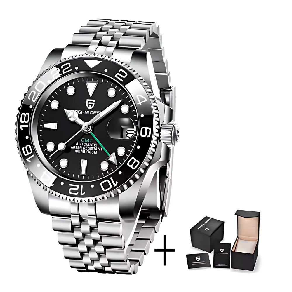 GMT automatic watch, full black, jubilee steel bracelet — RoyElite