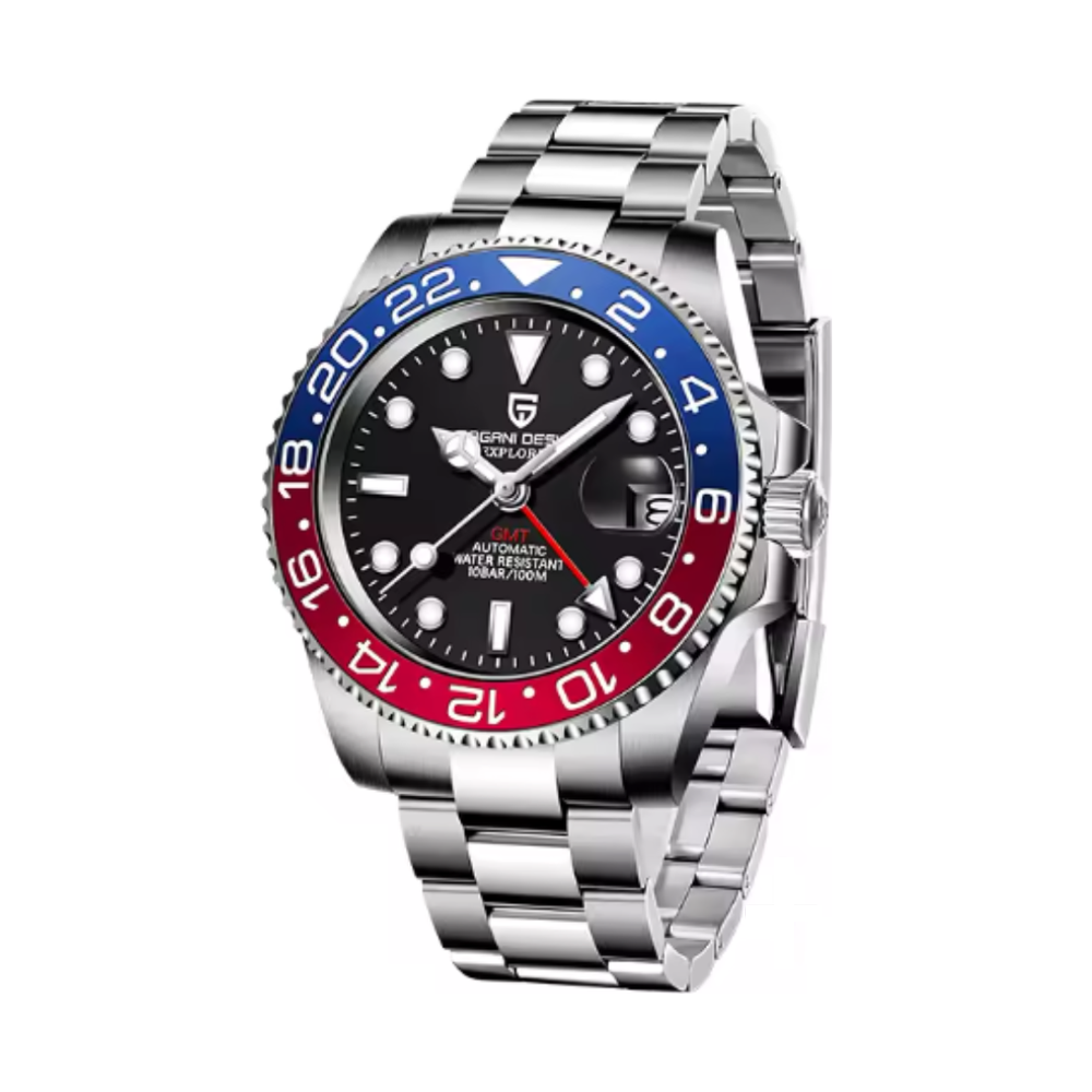 Reloj GMT azul y rojo con brazalete de 3 eslabones