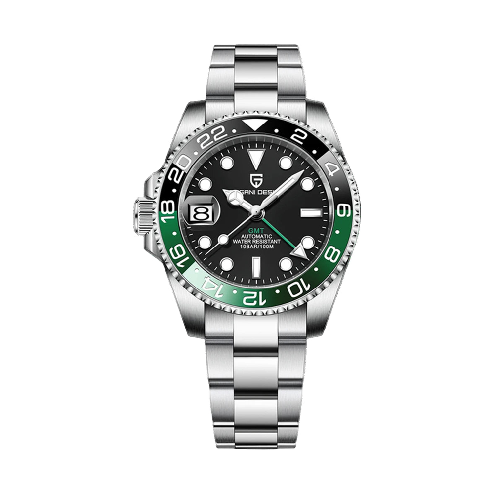 GMT automatic watch, black and green bezel, steel bracelet — RoyElite