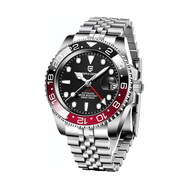 GMT automatic watch, black and red bezel, 5-link steel bracelet — RoyElite