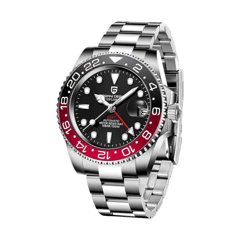 GMT automatic watch, black and red bezel, steel bracelet, dial detail — RoyElite