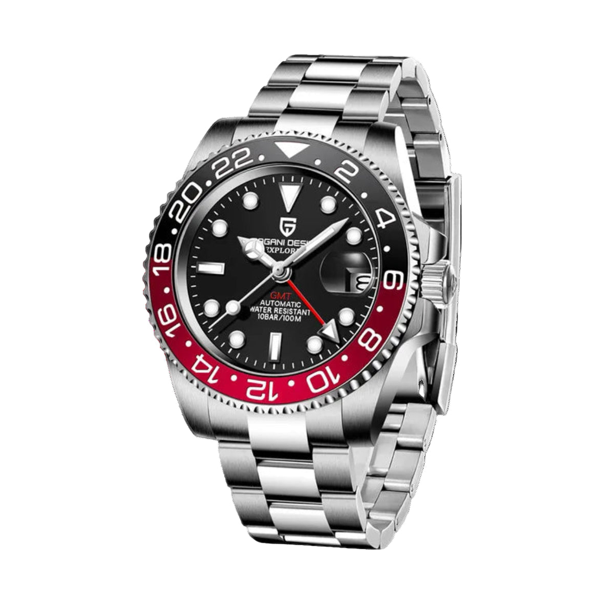 GMT automatic watch, black and red bezel, steel bracelet — RoyElite