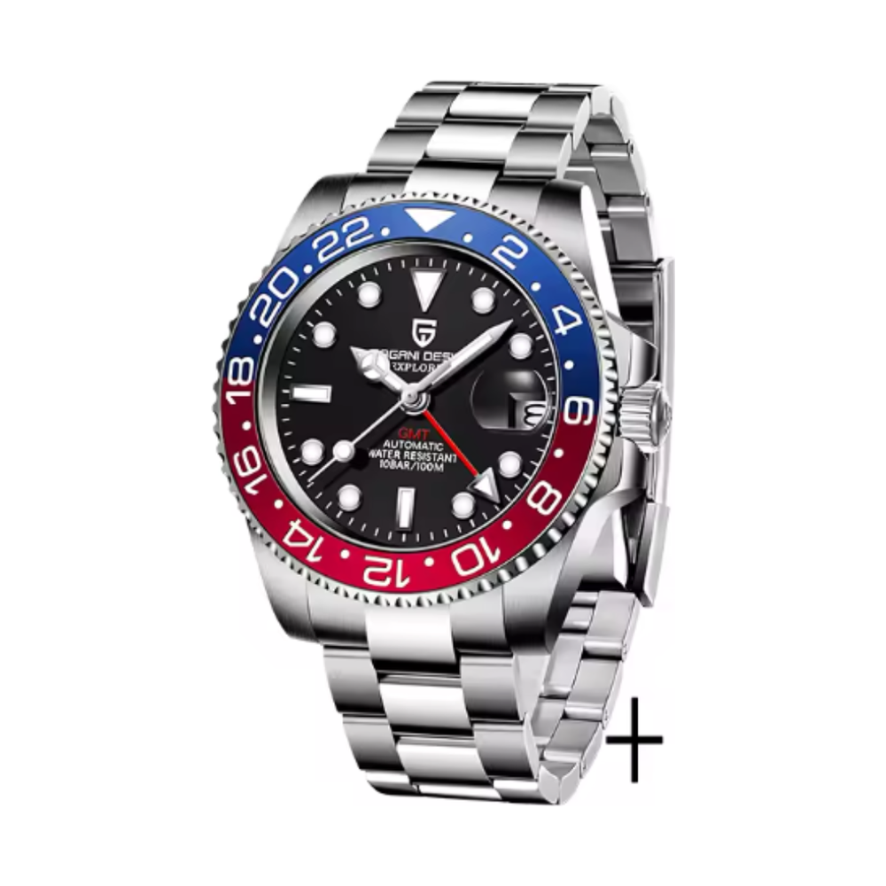 GMT automatic watch, blue and red bezel, steel bracelet — RoyElite