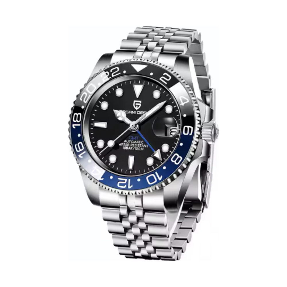 GMT automatic watch, black and blue bezel, jubilee steel bracelet — RoyElite