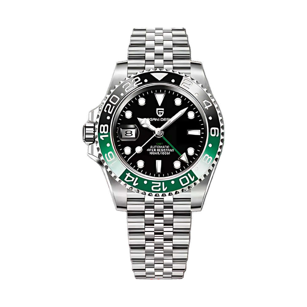 GMT automatic watch, black and green bezel, jubilee steel bracelet — RoyElite