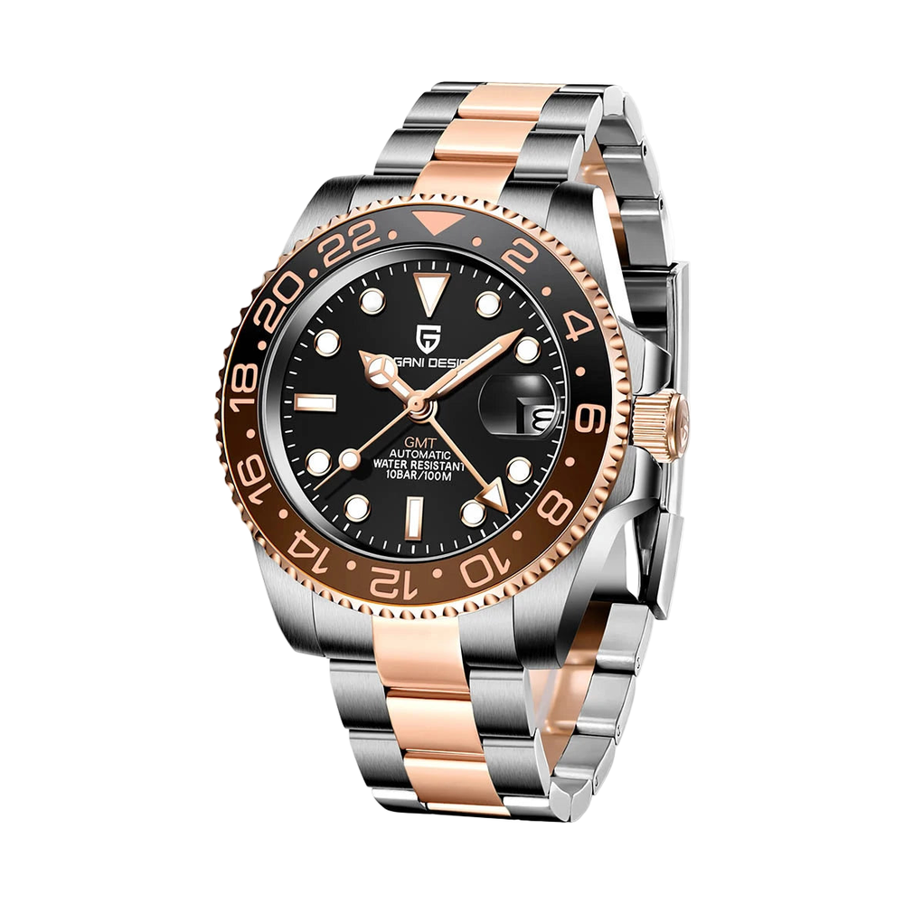 GMT automatic watch, rose gold tone case, luminous dial — RoyElite