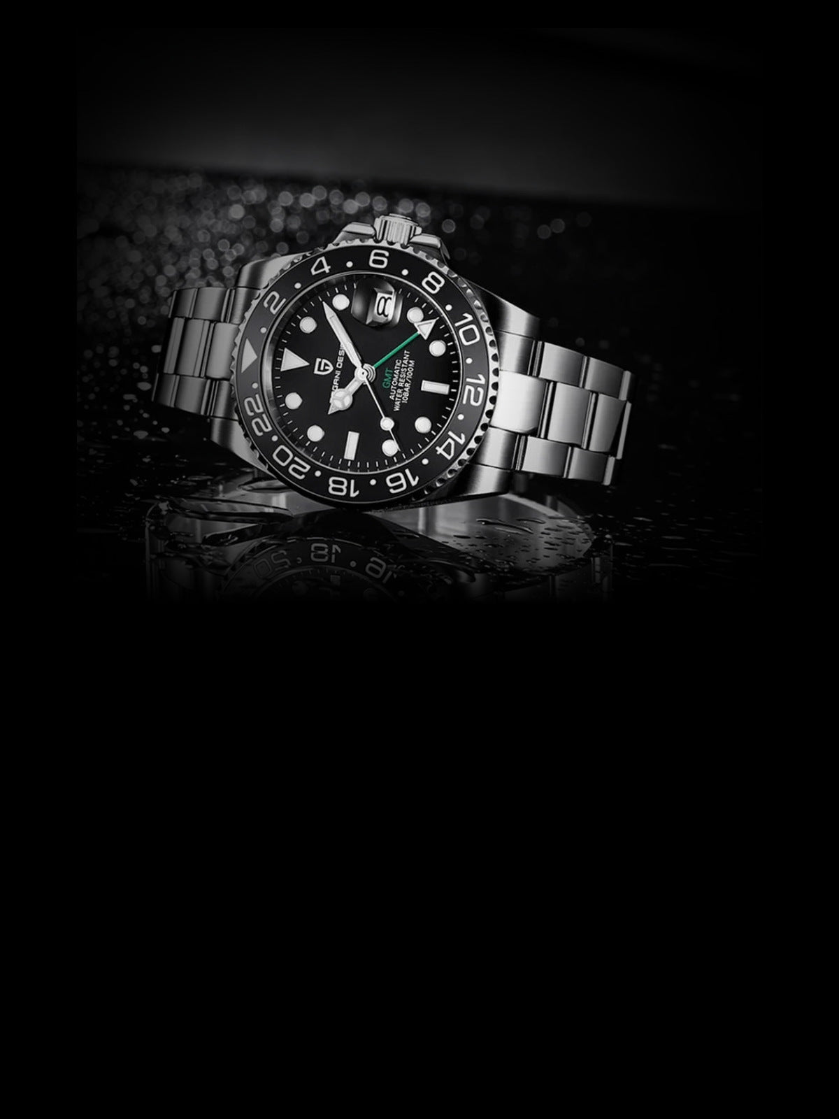 Men's GMT automatic watch on a wet dark surface, vertical format