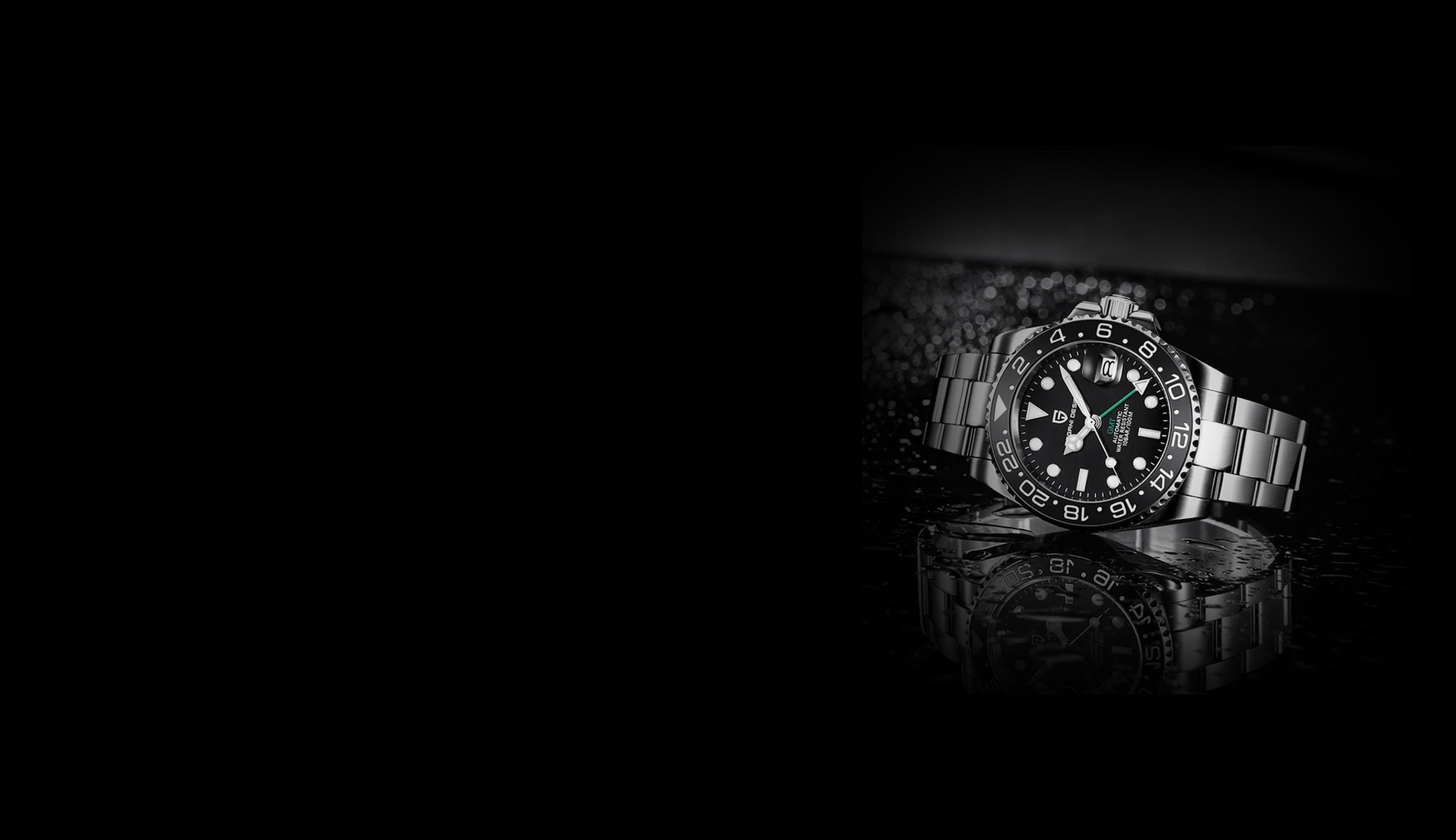 Men's GMT automatic watch on a wet dark surface, black bezel and steel bracelet