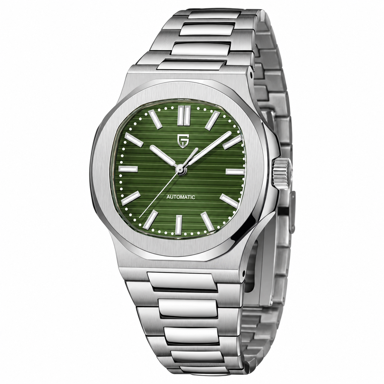 Reloj automático con esfera verde y brazalete de acero plateado