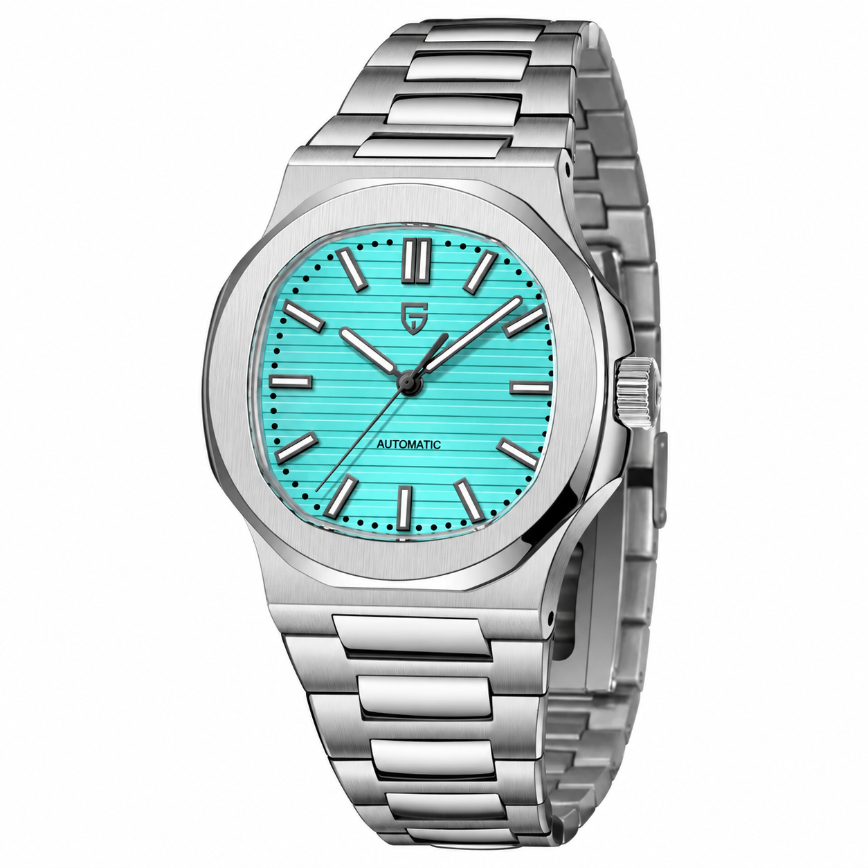 Reloj automático con esfera azul hielo y brazalete de acero plateado