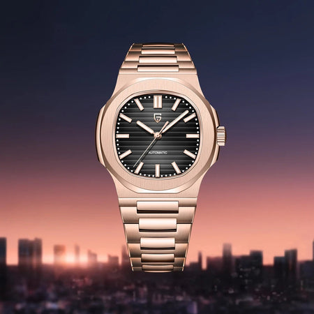 Reloj automático con esfera negra y brazalete de acero en tono oro rosa