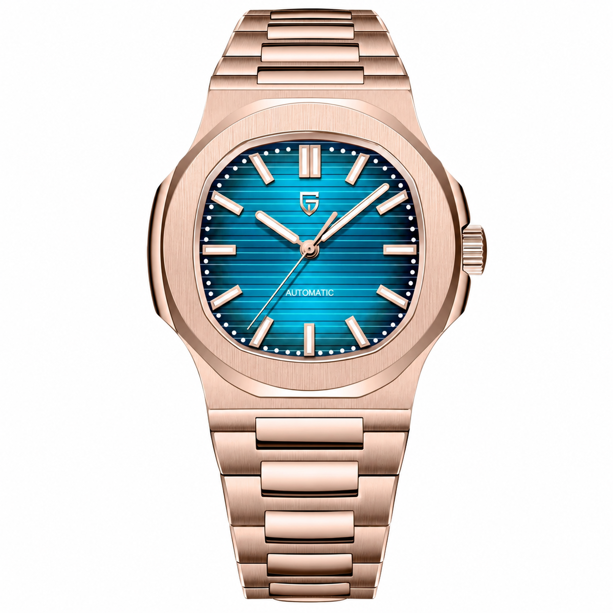 Reloj automático con esfera azul y brazalete de acero en tono oro rosa