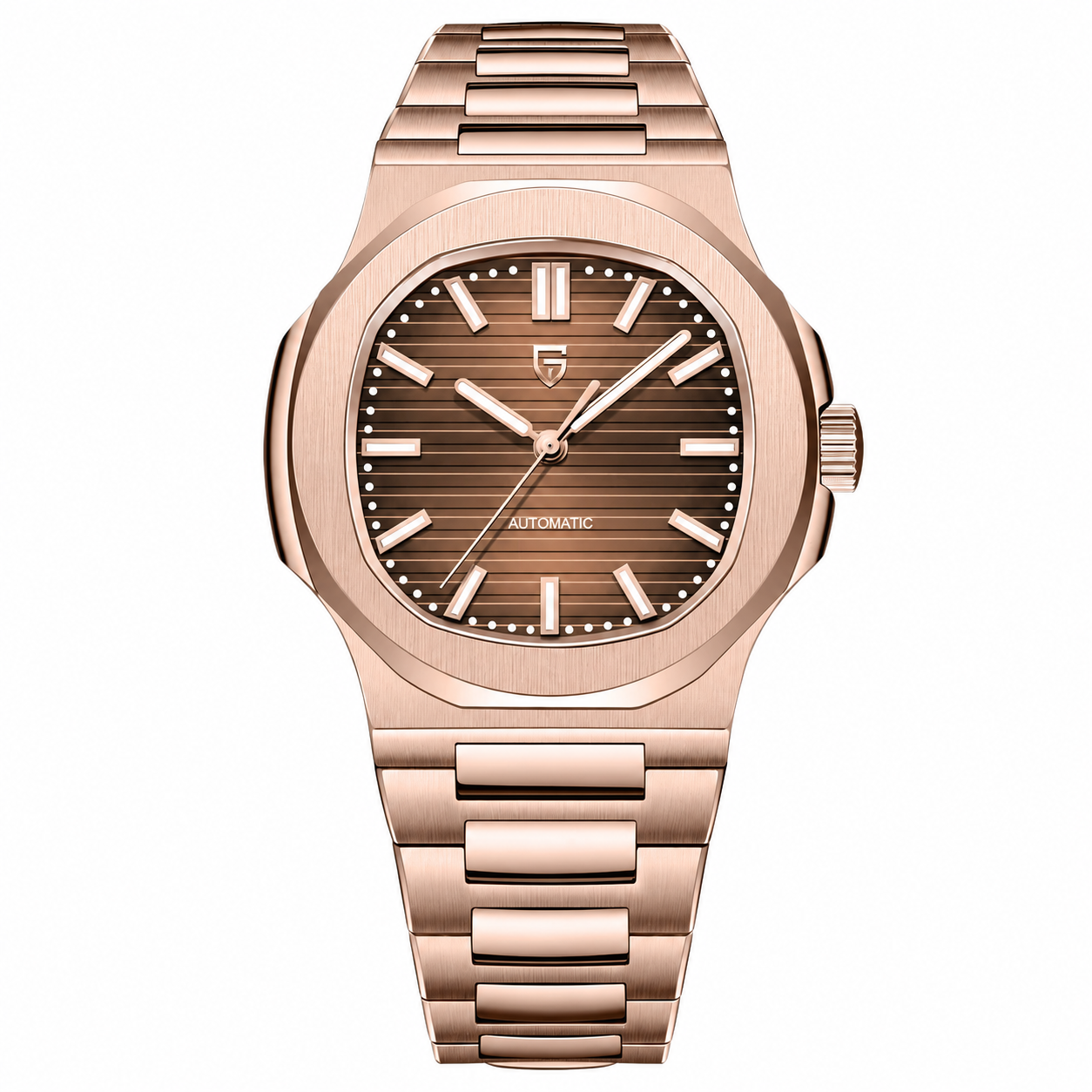 Reloj automático con esfera marrón y brazalete de acero en tono oro rosa