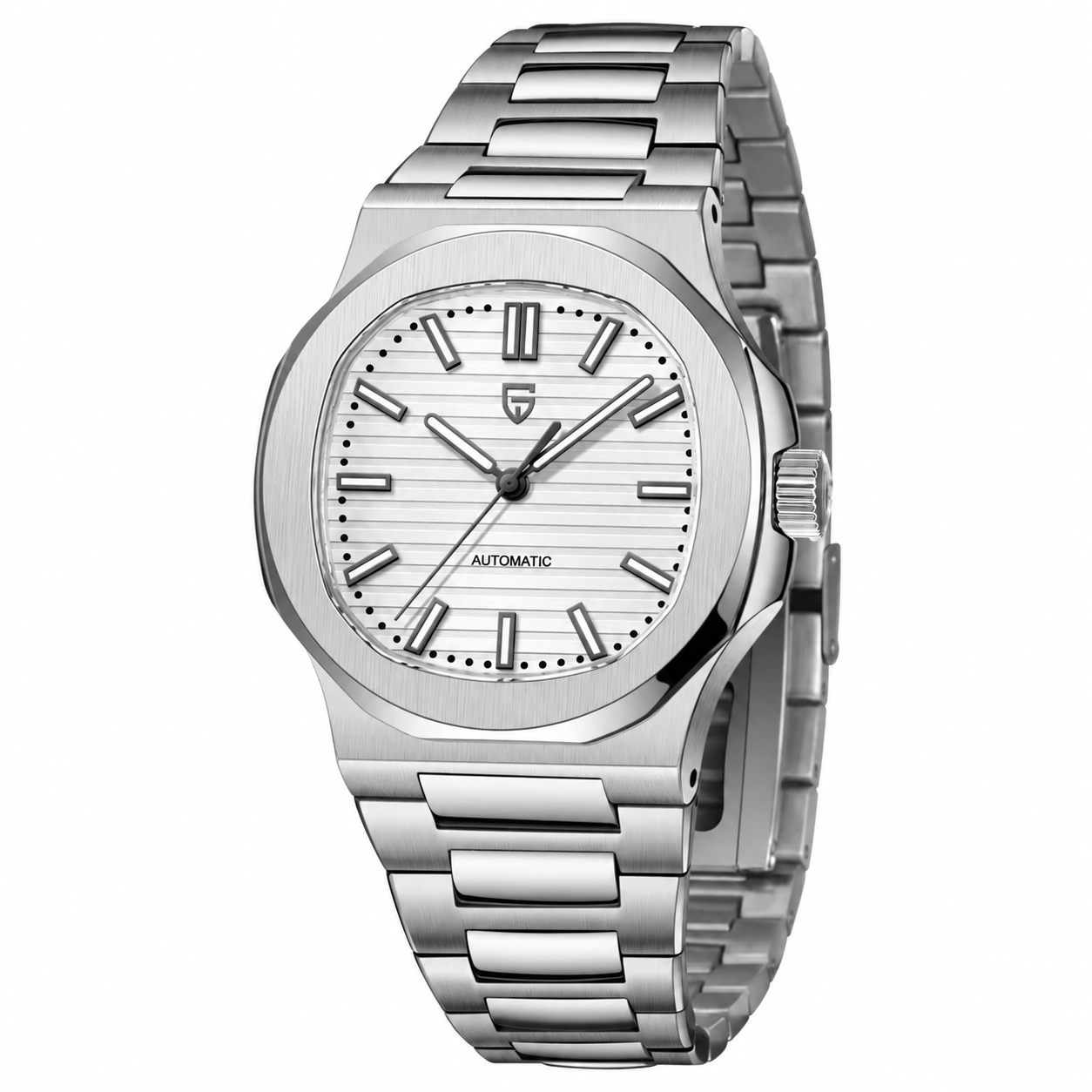 Reloj automático con esfera blanca y brazalete de acero plateado