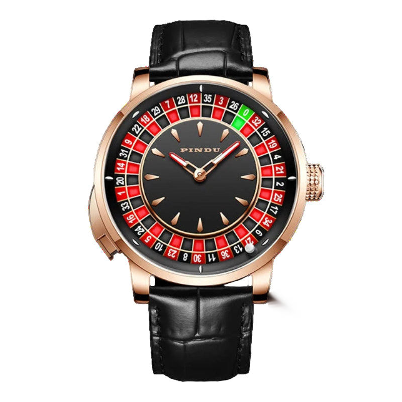 Roulette dial automatic watch, black dial, black leather strap — RoyElite