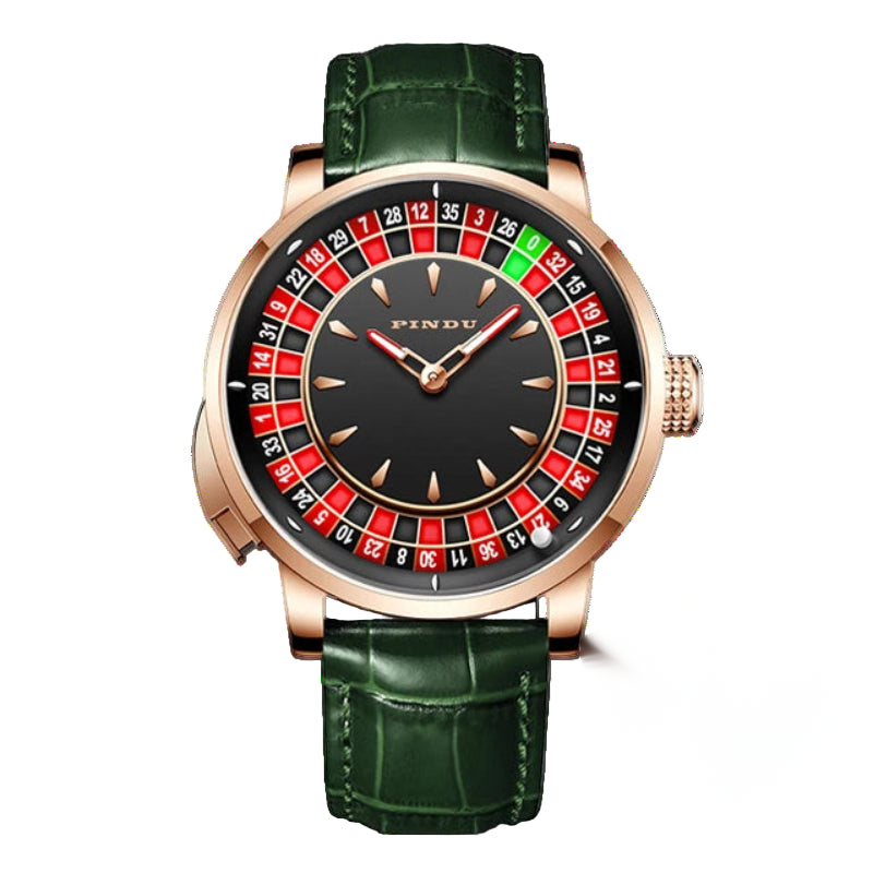 Roulette dial automatic watch, black dial, green leather strap — RoyElite