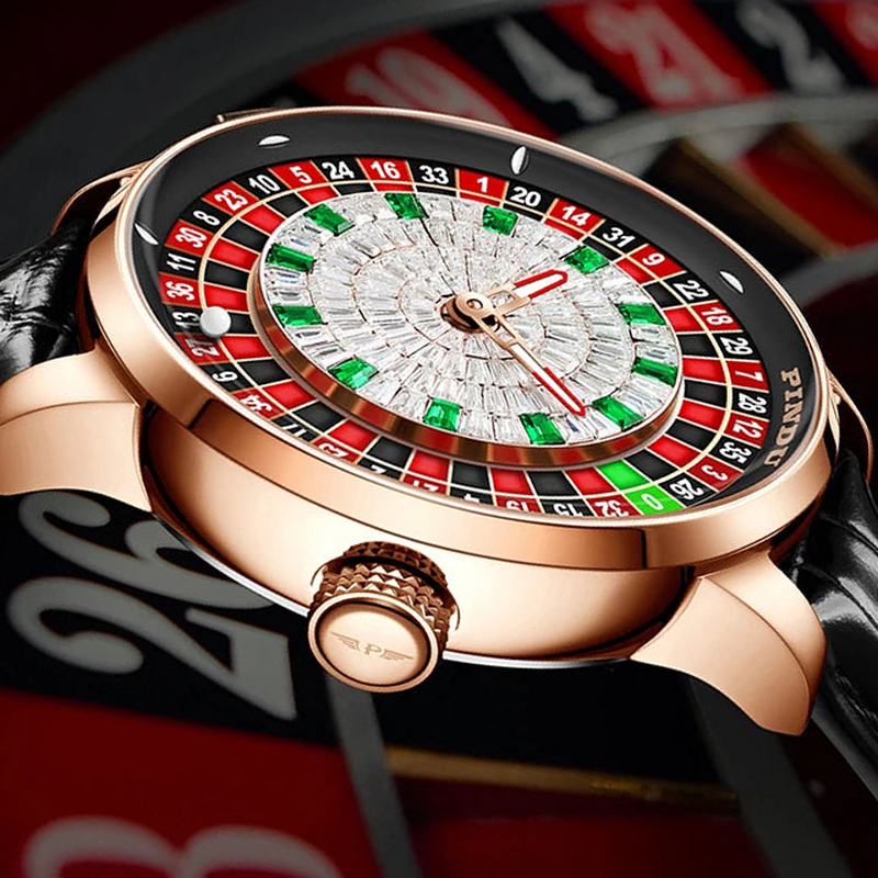 Roulette dial automatic watch, rose gold case, dark table setting — RoyElite