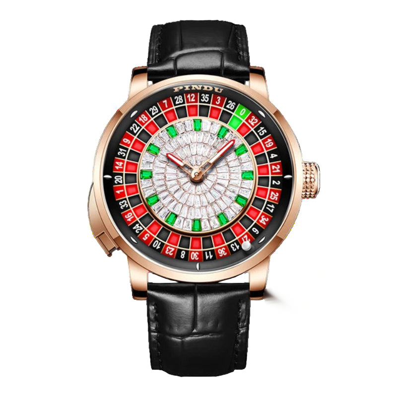 Roulette dial automatic watch, white dial, black leather strap — RoyElite
