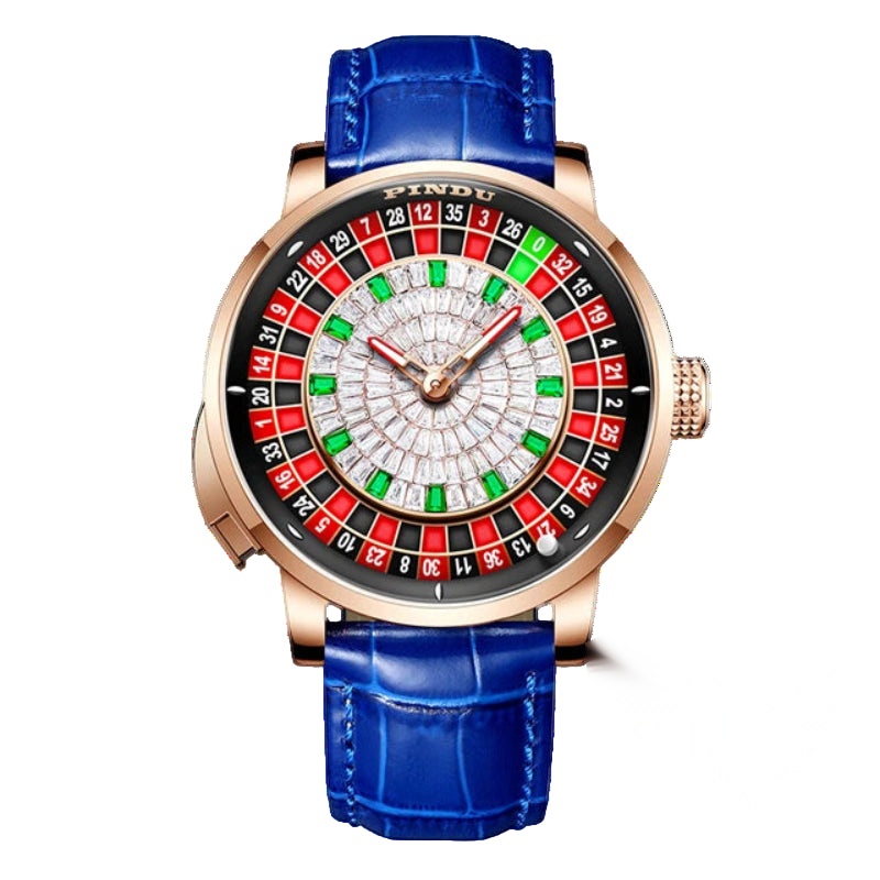 Roulette dial automatic watch, white dial, blue leather strap — RoyElite
