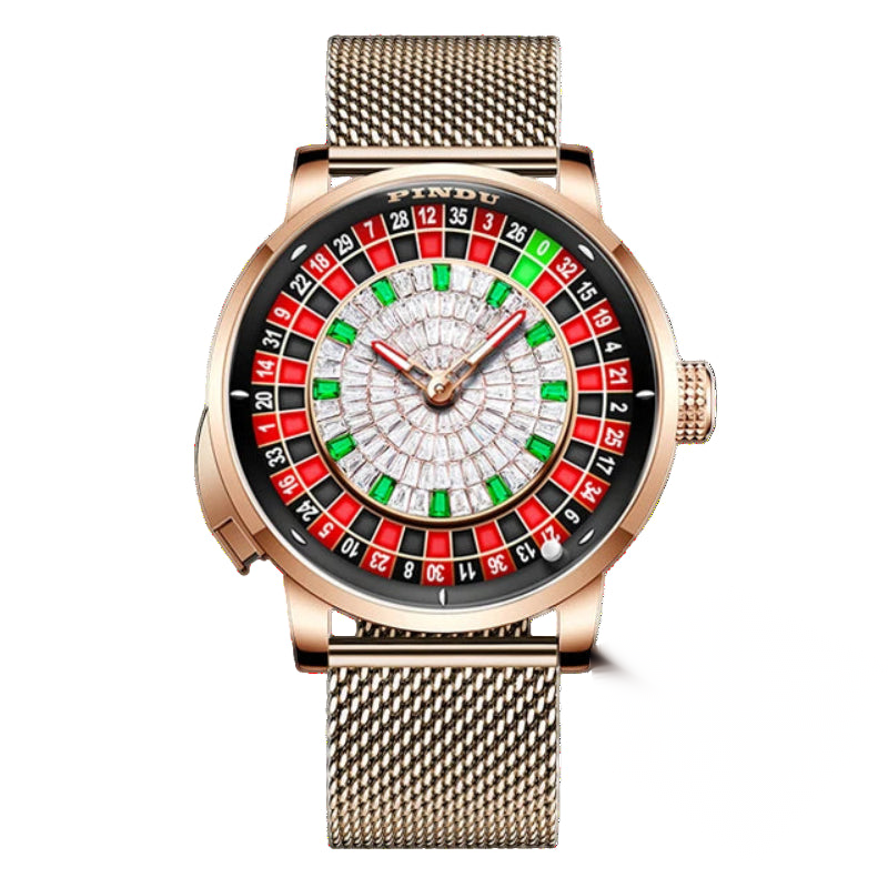 Roulette dial automatic watch, white dial, gold mesh bracelet — RoyElite