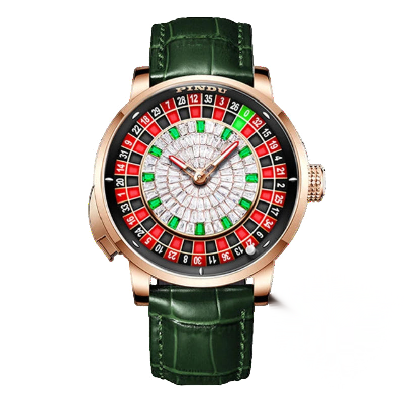 Roulette dial automatic watch, white dial, green leather strap — RoyElite