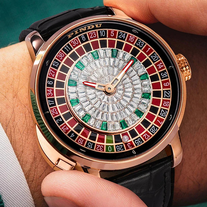 Roulette dial automatic watch worn on the wrist, rose gold case — RoyElite