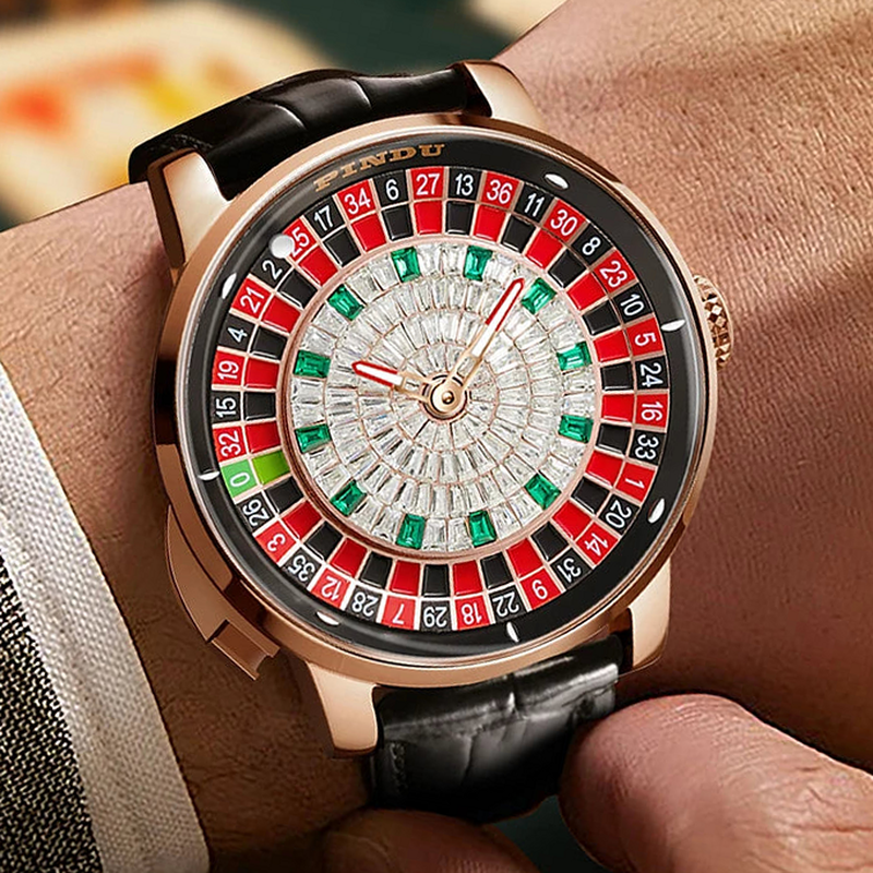 Roulette dial automatic watch on the wrist, black leather strap — RoyElite