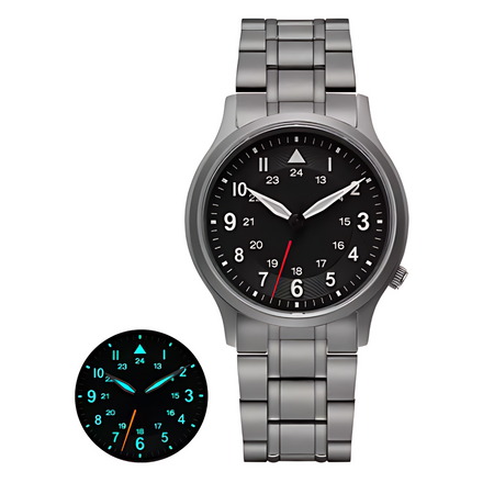 Titanium field watch, black dial without branding, luminous markers — RoyElite
