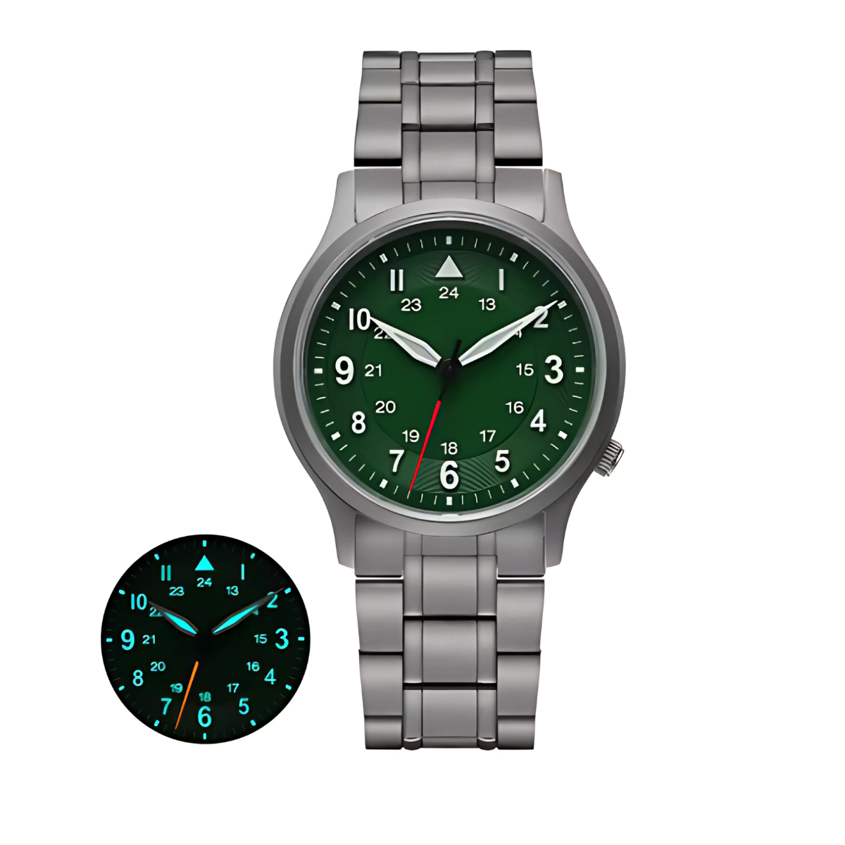 Titanium field watch, green dial without branding, full luminous — RoyElite