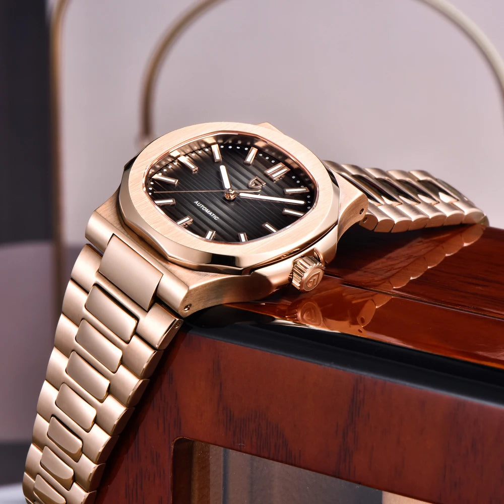 Reloj Oro rosa / Negro, vista lateral de la corona y el brazalete integrado